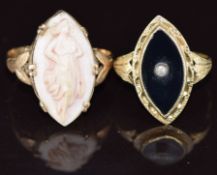 Two 9ct gold Hungarian rings, one set with a coral cameo and the other onyx and paste