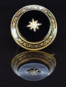 A 15ct gold mourning brooch set with onyx, seed pearls and enamel, verso a glass compartment, 22.1g,