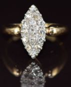 A c1900 18ct gold ring set with old cut diamonds in marquise setting, 4g, size L