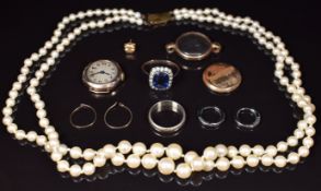 A double strand of cultured pearls with 9ct gold clasp, 9ct gold and silver ring, 9ct gold wedding