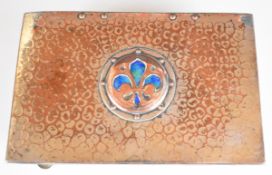 Liberty or similar Arts & Crafts hammered cigar box with fleur de lys enamelled decoration, W19 x