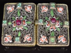 Indian silver gilt filigree buckle set with enamel, rubies and emeralds, 5 x 3.4cm