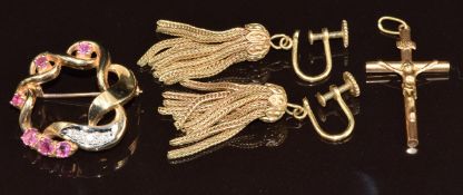 A 9ct gold brooch set with pink sapphires and diamonds, 9ct gold crucifix (6g) and a pair of