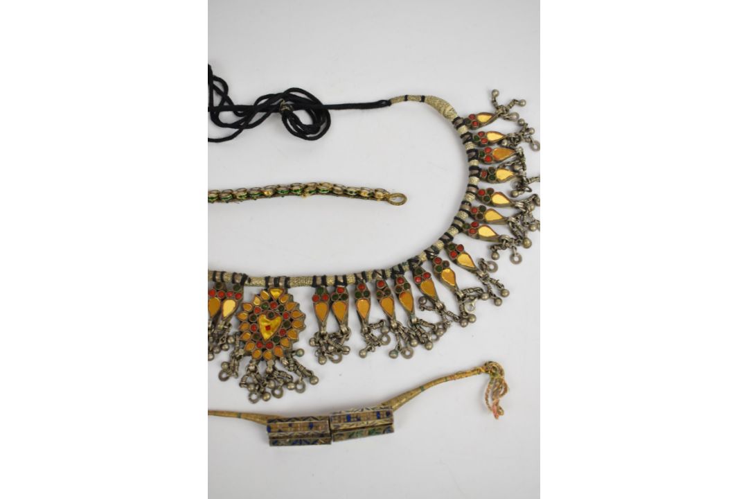Two Indian bracelets made up of enamelled white metal links and an Indian white metal necklace - Image 3 of 3