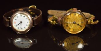 Two 9ct gold wristwatches, one with blued hands, Arabic numerals and white dial the other with blued