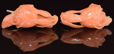 Pair of Victorian carved rose coral earrings
