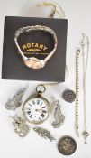 A collection of jewellery including Victorian 1900 crown, silver pot, Rotary wristwatch, silver