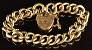 A 9ct gold curb link bracelet with heart padlock clasp, 46.1g, 16cm