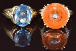 A 9k gold ring by Lehrer set with a round mixed cut quartz and diamonds and 9k gold ring set with