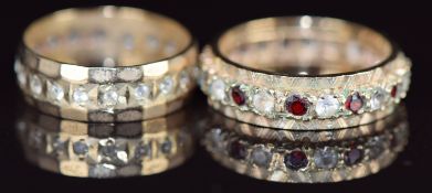 Two 9ct gold eternity rings, one set with garnets and quartz and the other spinel, 5.8g, sizes K &