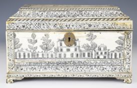 Late 18th century Vizagapatam Indian ivory tea caddy, decorated to the lid with three ships and to