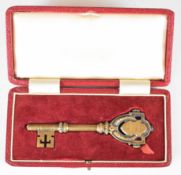 Cased Elizabeth II hallmarked silver novelty presentation key for Caldicot Branch Library,