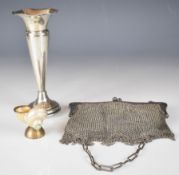 Hallmarked silver mesh evening bag, length 16cm, weight 280g all in, together with a hallmarked