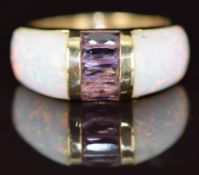 A 14k gold ring set with two synthetic opals and amethysts, 6.2g, size O