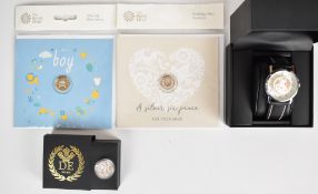 Treasures In Time silver sovereign watch, in case with certificate and two silver presentation coins