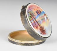 Guilloché enamel lidded trinket box or compact, the top decorated with an Arab or similar scene with