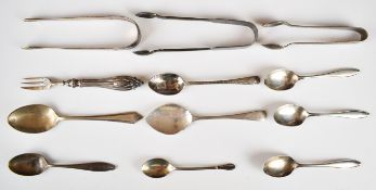 Georgian and later hallmarked silver cutlery including a pair of bright cut sugar tongs, weight of