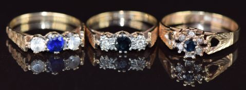 Three 9ct gold rings, two set with sapphires and diamonds and one with paste, 6.2g, sizes L, Q & N