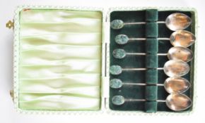 Cased set of six Chinese or Kong Kong silver and hardstone, jade or similar teaspoons, marked HK