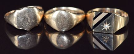 Three 9ct gold signet rings, one set with a diamond, 12.6g, sizes V & S
