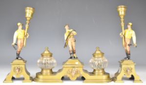 19th / 20th century novelty brass figural desk inkwell garniture with cold painted jockeys with