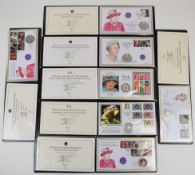 Seven silver proof coin and stamp cover folders by Harrington & Byrne, all commemorating various