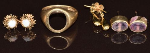 A 9ct gold ring mount and three pairs of 9ct gold earrings set with oval cut amethysts, opal