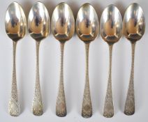 Set of six Victorian hallmarked silver teaspoons with engraved decoration, London 1888, maker Wakely