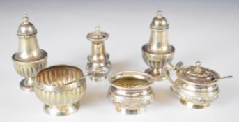 Indian, Burmese or similar silver peppers, salts and mustard, comprising three peppers, two open