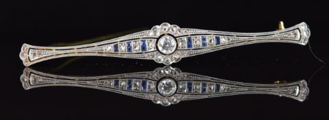 Art Deco 18k gold brooch set with round, rose cut diamonds and calibre cut sapphires, 4.3g, 6.3cm