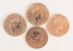 Four silver Britannia coins comprising 2020, 2022 and 2023 Queen Elizabeth and a 2023 King Charles