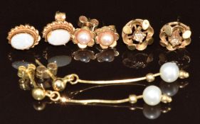 Four pairs of 9ct gold earrings, two pairs set with cultured pearls, one with opal and the other