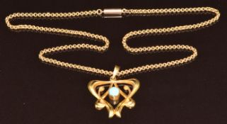 Art Nouveau 9ct gold pendant set with a turquoise cabochon, on 9ct gold chain with barrel clasp, 8g,