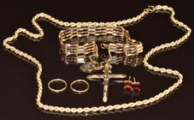 A 9ct gold rope twist necklace, 9ct gold crucifix pendant, 9ct gold gate bracelet, pair of 9ct