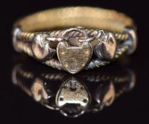 Victorian / Edwardian 9ct rose gold ring in the form of two hearts and padlock, 3g, size N