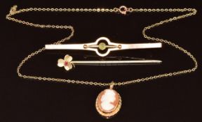 A 9ct gold pendant set with a cameo, on 9ct gold chain (2.7g), 9ct gold bar brooch and stick pin