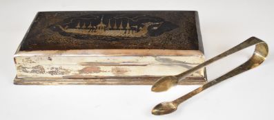 Thai niello silver cigarette box with decoration of a traditional boat with oarsmen, marked sterling