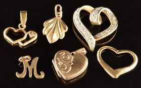 Four 9ct gold pendants in the form of hearts and two other 9ct gold pendants, 4.5g