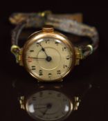 Dennison 9ct gold ladies wristwatch with blued hands, Arabic numerals, silver dial and unsigned