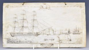 19th century signed and titled scrimshaw panel of ships in harbour with windmill on the hill beyond,