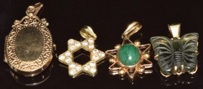 Four 9ct gold pendants comprising locket, carved butterfly, cubic zirconia and emerald, 8.6g