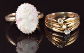 A 15ct rose gold ring set with a cameo and a 9ct rose gold ring set with paste, 8.4g, sizes Q & M