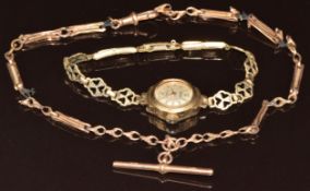 A 9ct rose gold watch/ fob chain (7.2cm) and a 9ct gold Regency wristwatch on gold plated strap (