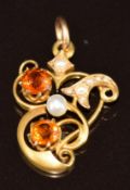 Edwardian 15ct gold pendant set with citrines, a pearl and seed pearls, 2.1g, 2.2 x 1.5cm