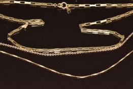 Three 9ct gold chains / necklaces, 9g, 42, 40 & 46cm