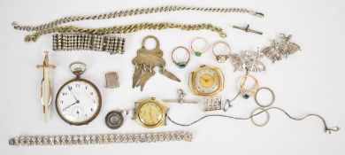 A 9ct gold ring set with paste (1.2g), silver c1910 bracelet set with paste, two silver T bars,