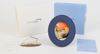 Wedgwood Jasperware Concorde picture frame and a boxed 'Port' bottle ticket, in original Concorde