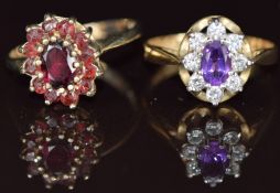 A 9ct gold ring set with an amethyst and paste and a silver ring set with garnets, 4.3g, sizes O &