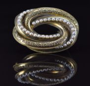 Victorian yellow metal knot brooch/ pendant set with split pearls and textured decoration, 12.9g,