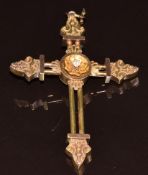 Victorian Etruscan Revival yellow metal cross with wirework decoration and set with an old cut